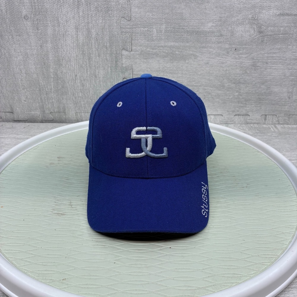 Vintage Stussy Hat Cap Fitted Mens S/M Blue Dual Flip Logo Embroidered
